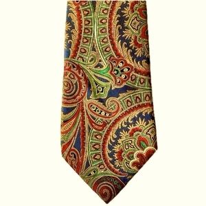 Eaton vintage tie, silk fabric made in Italy, paisley, red, blue & tan, 60”